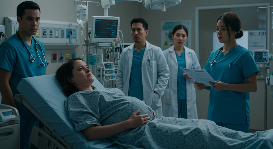 mujer embarazada con posible desprendimiento de placenta en un hospital