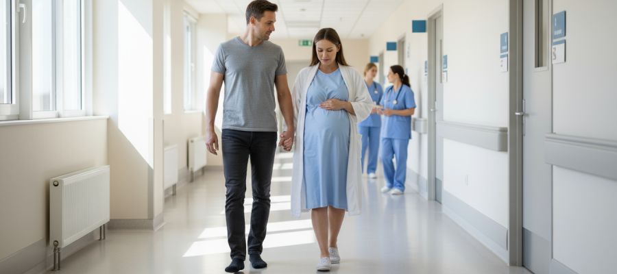 mujer embarazada caminando por un pasillo del hospital