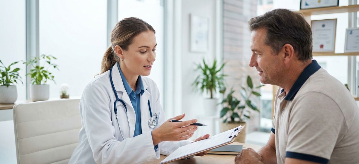 Doctora, informando sobre el consentimiento informado a un paciente.