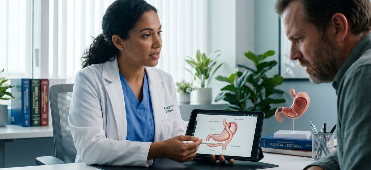 Doctora, explicando una reducción de estómago.